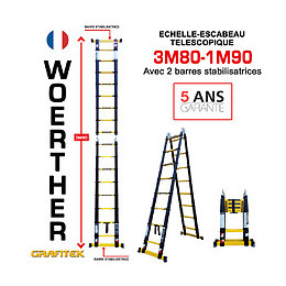 Echelle-escabeau Télescopique Woerther 3m80/1m90 Avec Double Barres Stabilisatrices - Garantie 5 Ans - Qualité
