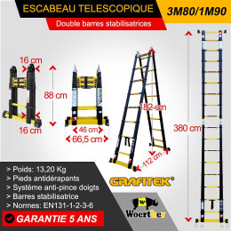 Echelle-escabeau Télescopique Woerther 3m80/1m90 Avec Double Barres Stabilisatrices - Garantie 5 Ans - Qualité