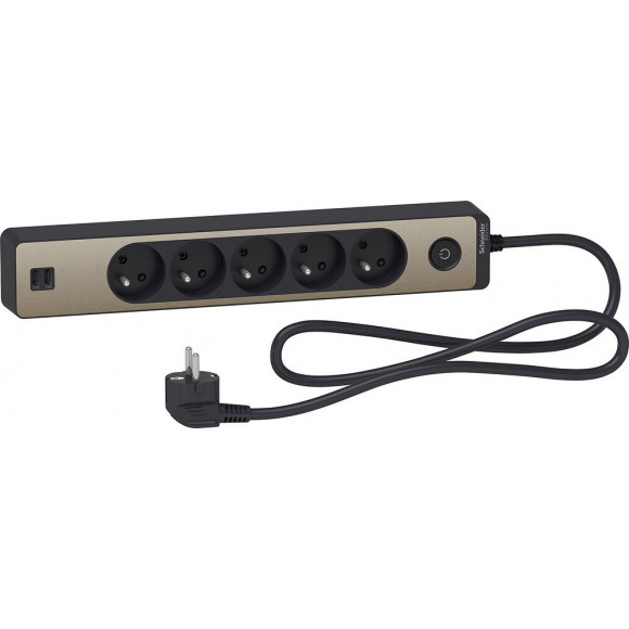 Bloc Multiprises 5 Prises 2p+t Et 2 Usb (câble 1,5m) Noir Et Bronze - Schneider