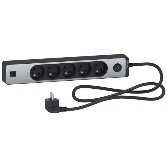 Bloc Multiprises 5 Prises 2p+t Et 2 Usb (câble 1,5m) Noir Et Aluminium - Schneider