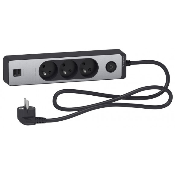 Bloc Multiprises 3 Prises 2p+t Et 2 Usb (câble 1,5m) Noir Et Aluminium - Schneider