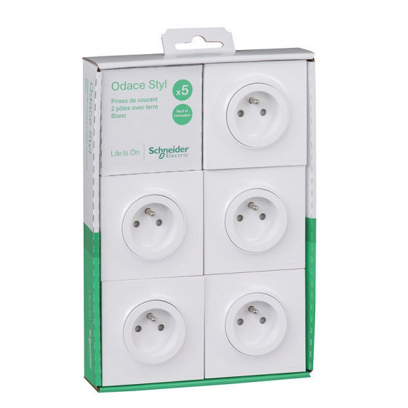 Lot De 5 Prises 2p+t (avec Plaque) Odace - Blanc