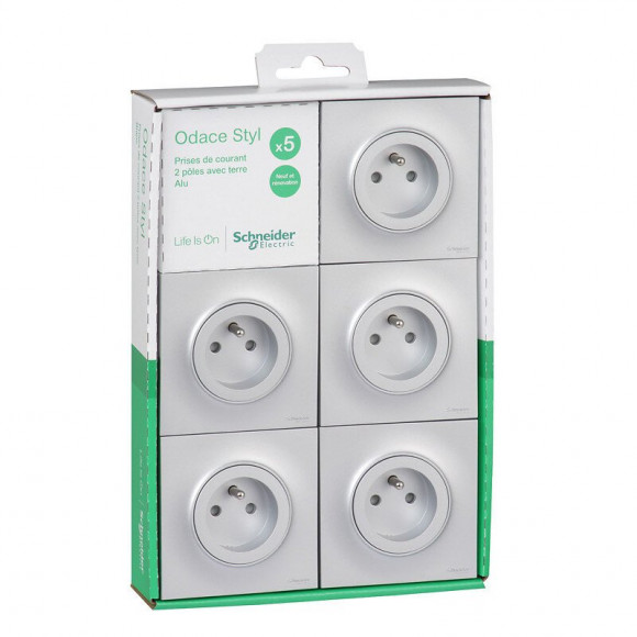 Lot De 5 Prises 2p+t (avec Plaque) Odace - Aluminium