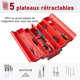 Boite À Outils Métallique - Coffret À Outils - Caisse À Outils 3 Niveaux 5 Plateaux Rétractables - Tôle Acier Rouge