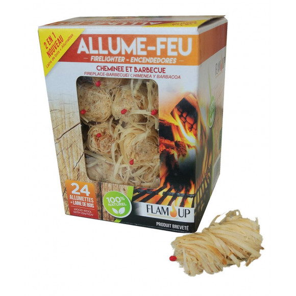 Allume-feu 100% naturel laine de bois + allumettes (boîte de 24)