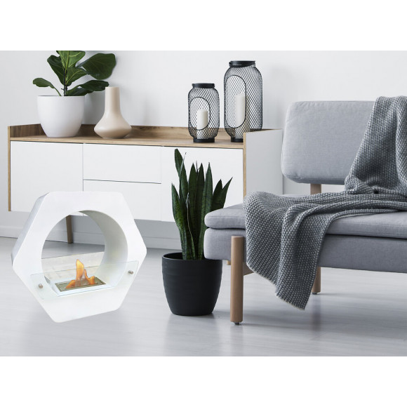 Cheminée Bio Au Sol, 2,5kw, Réservoir De 1,5l, En Forme Exagonale De Acier Blanc