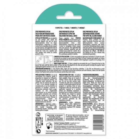 Vetocanis 4 Pipettes Anti-puces Et Anti-tiques - Pour Petit Chien 2-10 Kg - 4x 1 Mois De Protection