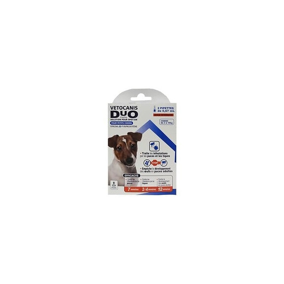Vetocanis Anti-puces Et Anti-tiques Duo Spot On - 2 Pipettes - Efficacite 7 Semaines - Pour Petit Chien