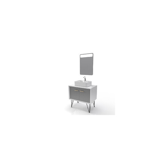 Meuble Salle De Bain Scandinave Blanc Et Gris 80 Cm Sur Pieds - Portes Vasque A Poser + Miroir Led