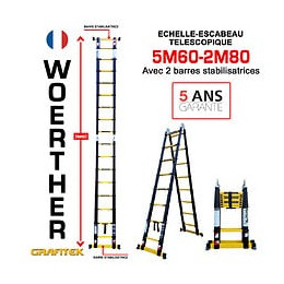 Echelle-escabeau Télescopique Woerther 4m40/2m20 Avec Double Barres Stabilisatrices - Garantie 5 Ans - Qualité Supérieur