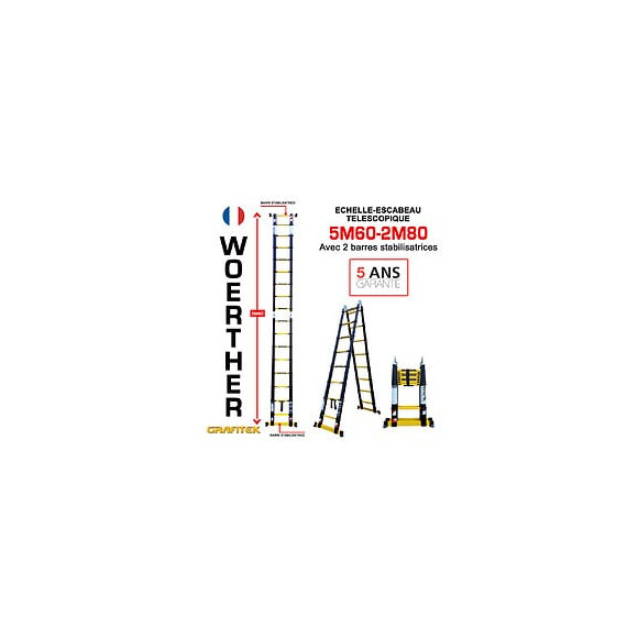 Echelle-escabeau Télescopique Woerther 4m40/2m20 Avec Double Barres Stabilisatrices - Garantie 5 Ans - Qualité Supérieur