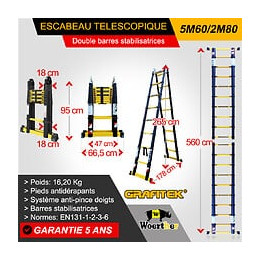 Echelle-escabeau Télescopique Woerther 4m40/2m20 Avec Double Barres Stabilisatrices - Garantie 5 Ans - Qualité Supérieur