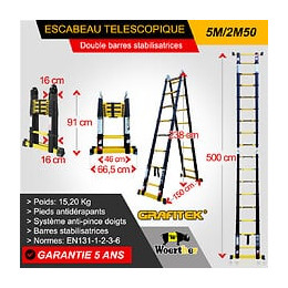 Echelle-escabeau Télescopique Woerther 5m/2m50 Avec Double Barres Stabilisatrices - Garantie 5 Ans - Qualité Supérieur