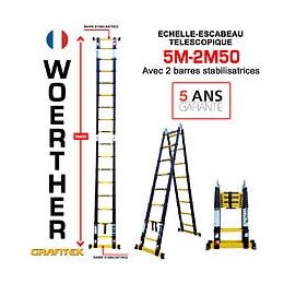 Echelle-escabeau Télescopique Woerther 5m/2m50 Avec Double Barres Stabilisatrices - Garantie 5 Ans - Qualité Supérieur