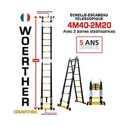 Echelle-escabeau Télescopique Woerther 4m40/2m20 Avec Double Barres Stabilisatrices - Garantie 5 Ans - Qualité Supérieur