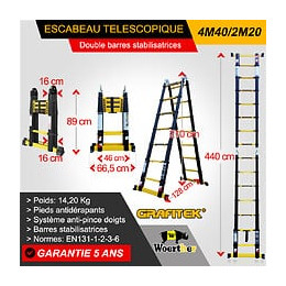 Echelle-escabeau Télescopique Woerther 4m40/2m20 Avec Double Barres Stabilisatrices - Garantie 5 Ans - Qualité Supérieur