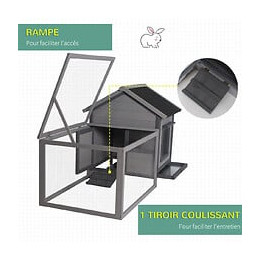Clapier Cage À Lapin Cottage - Niche Avec Rampe, Porte, Fenêtres, Plateau Excrément Amovible - Toit Enclos Ouvrant - Bois Sa