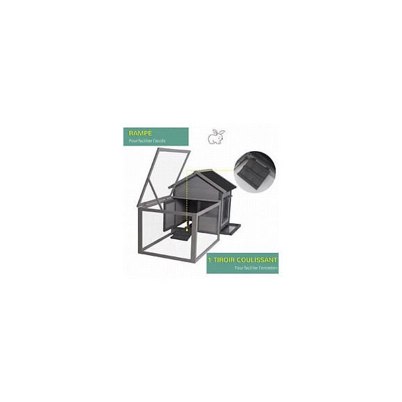 Clapier Cage À Lapin Cottage - Niche Avec Rampe, Porte, Fenêtres, Plateau Excrément Amovible - Toit Enclos Ouvrant - Bois Sa