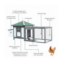 Poulailler Cottage Multi-équipement Perchoir Rampe Pondoir Enclos Tiroir À Déjection 196l X 76l X 97h Cm Bois Massif Pin Gri