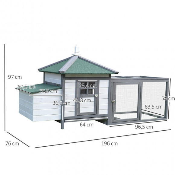 Poulailler Cottage Multi-équipement Perchoir Rampe Pondoir Enclos Tiroir À Déjection 196l X 76l X 97h Cm Bois Massif Pin Gri