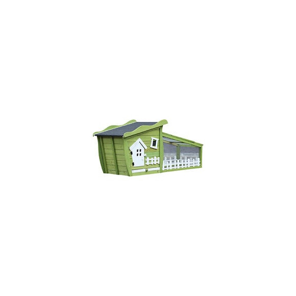 Clapier Cage À Lapins Style Cabane Et Pré Dim. 155l X 55l X 65h Cm Multi-équipement Bois Massif Pin Vert Blanc