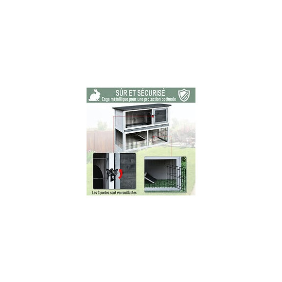 Clapier À Lapin Cage À Lapin 2 Étages 3 Portes Verrouillables Plateau Coulissant Rampe Et Toit Ouvrant Bois De Sapin Gris Bl