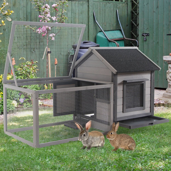 Clapier Cage À Lapin Cottage - Niche Avec Rampe, Porte, Fenêtres, Plateau Excrément Amovible - Toit Enclos Ouvrant - Bois Sa