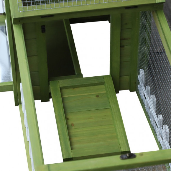 Clapier Cage À Lapins Style Cabane Et Pré Dim. 155l X 55l X 65h Cm Multi-équipement Bois Massif Pin Vert Blanc