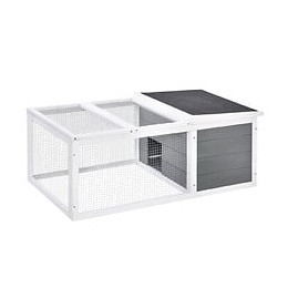 Clapier De Sol Enclos Extérieur Niche Porte Double Toit Ouvrant Fil Métallique Bois Sapin Pré-huilé Peint Gris Blanc