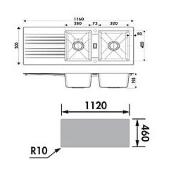 Ewi Evier Cuisine A Encastrer 2 Bacs + 1 Egouttoir Soledad - Resine - 116 X 50 Cm - Noir