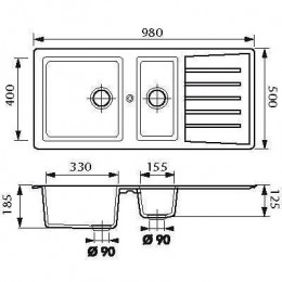 Ewi Evier Cuisine A Encastrer 1,5 Bac + 1 Egouttoir Emeraude - Resine - 98 X 50 Cm - Noir