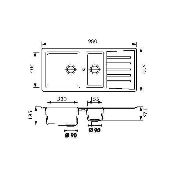 Ewi Evier Cuisine A Encastrer 1,5 Bac + 1 Egouttoir Emeraude - Resine - 98 X 50 Cm - Noir