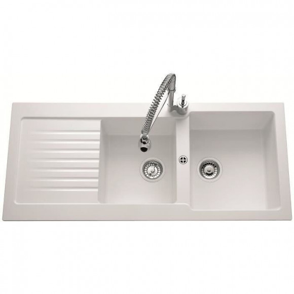 Ewi Evier Cuisine A Encastrer 2 Bacs + 1 Egouttoir Spirelle - Resine - 116 X 50 Cm - Blanc