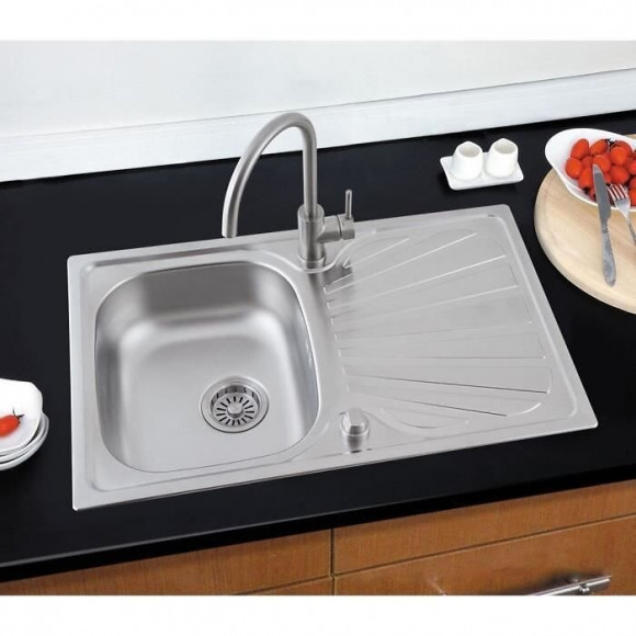 Oceanic Evier Cuisine En Inox 1 Bac + 1 Egouttoir - 80x50x17 Cm - Vidage Automatique Inclus - Naia