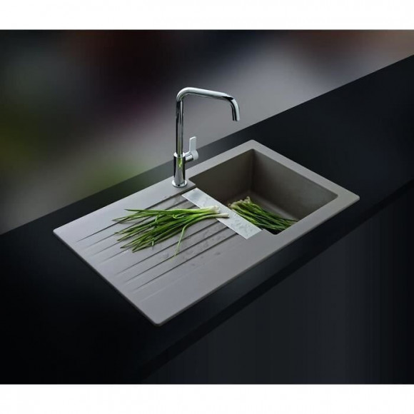 Ewi Evier Cuisine A Encastrer 1 Bac + 1 Egouttoir Soledad - Resine - 86 X 50 Cm - Gris Beton