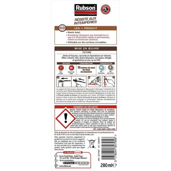 Mastic D'étanchéité Toiture Rubson Haute Résistance 280 Ml Noir