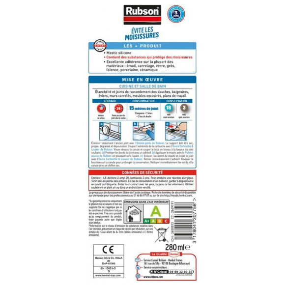 Mastic D'étanchéité Cuisine Et Bain Rubson Silicone Blanc 280 Ml