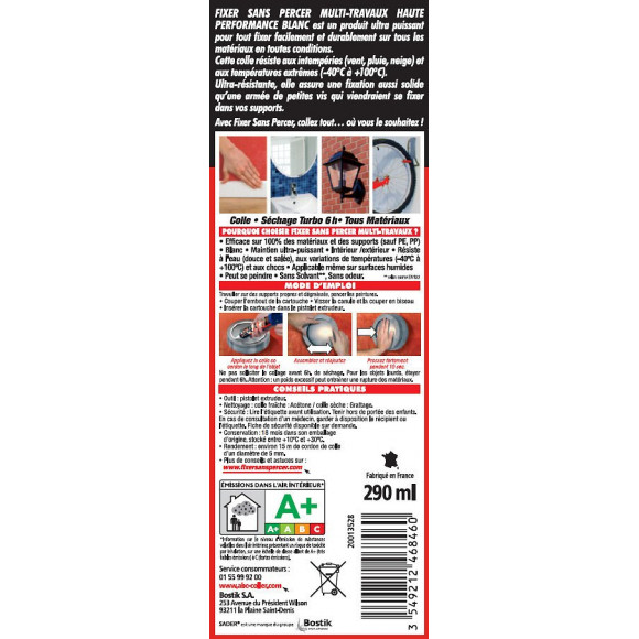 Colle Mastic Fixer Sans Percer Multitravaux Sader, 290ml