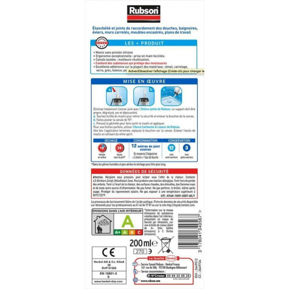 Mastic D'étanchéité Cuisine Et Bain Rubson Silicone Transparent 200ml