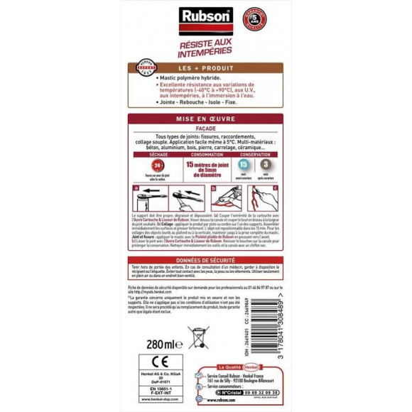 Mastic D'étanchéité Façade Rubson Haute Résistance 280 Ml Brique