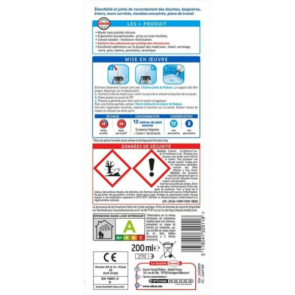 Mastic D'étanchéité Cuisine&bain Rubson Juste Dose Silicone Blanc 200ml