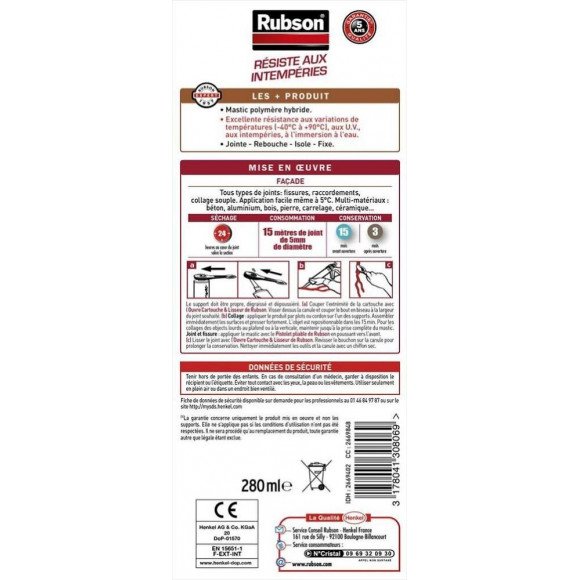 Mastic D'étanchéité Façade Rubson Haute Résistance 280 Ml Blanc