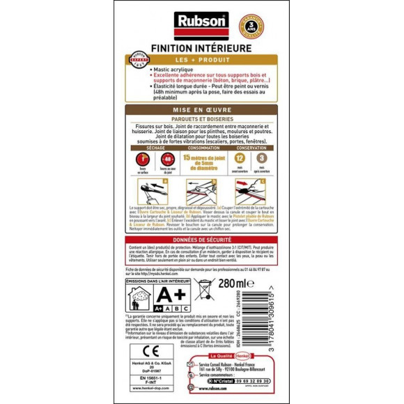 Mastic D'étanchéité Boiserie, Parquet Et Plinthe Rubson 280 Ml Chêne Moyen