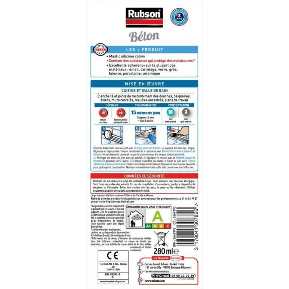 Mastic D'étanchéité Cuisine Et Bain Rubson Silicone Béton 280ml