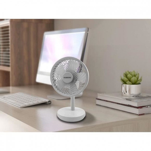Oceanic Mini Ventilateur Usb Rechargeable - Diametre 15 Cm - 4 W - 4 Vitesses - Batterie Li-ion 2,6 Ah - Blanc