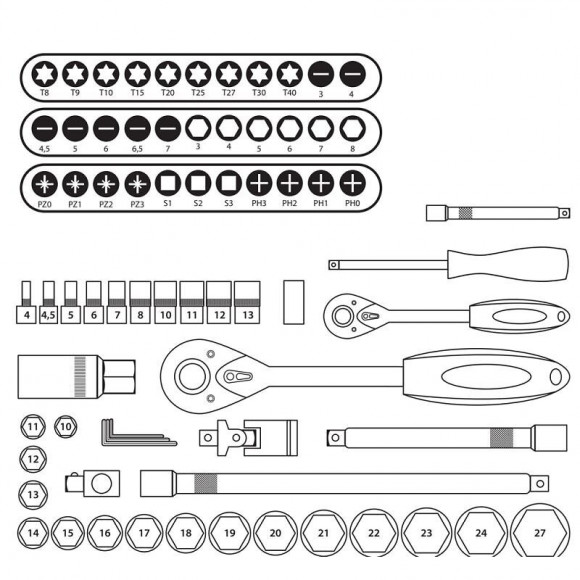 Dtools - Jeu De Clés À Douille - 72 Pièces - Dimensions De Fixation 1/2 Et 1/4 Pouce - Mallette De Transport - Rouge