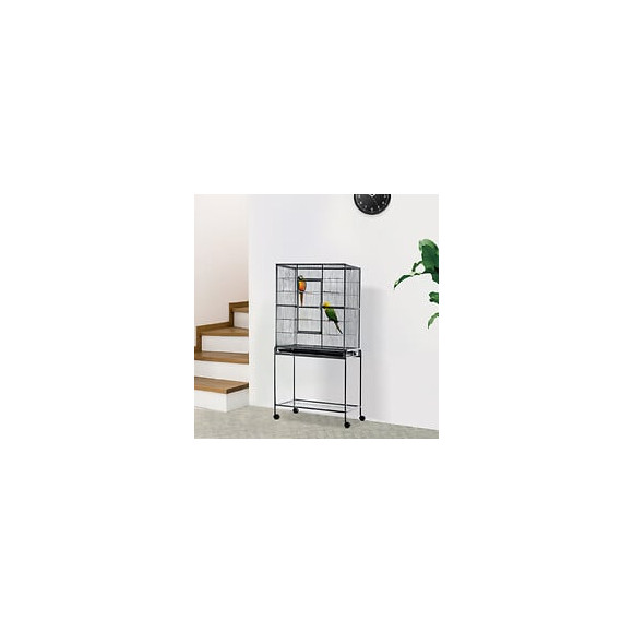 Cage À Oiseaux Portable Avec 4 Mangeoires Et 4 Perchoirs Pratique 81 X 48 X 163 Cm Noir Et Gris