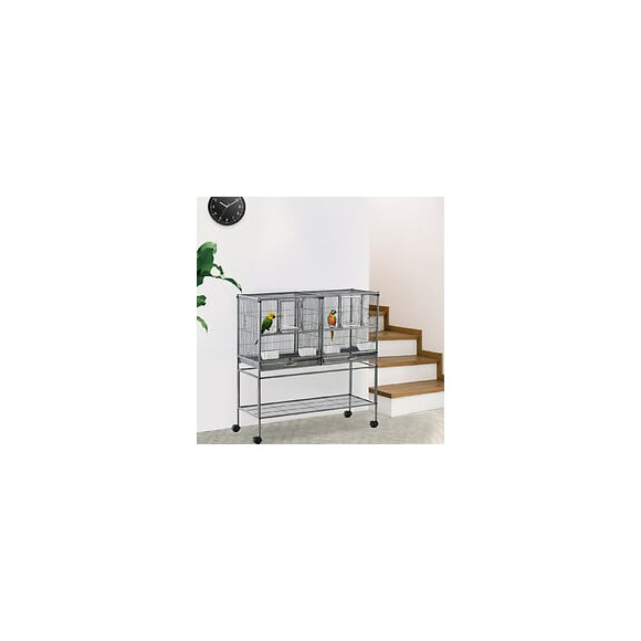 Cage À Oiseaux Avec Séparation Mangeoire Et Perchoir 95l X 45l X 102h Cm Noir Et Gris