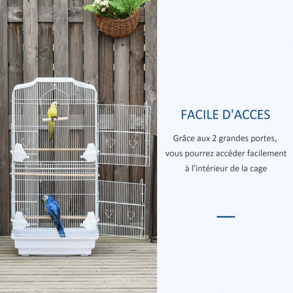 Cage À Oiseaux Volière Avec Mangeoires Perchoirs Plateau Amovible 2 Portes Dim. 46,5l X 35,5l X 92h Cm Métal Blanc