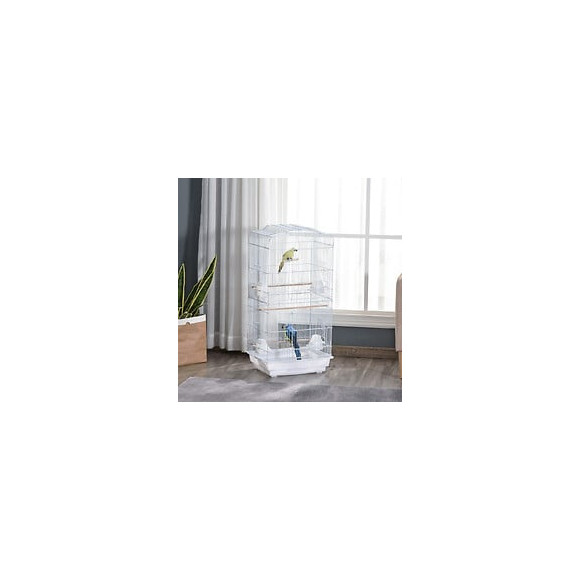 Cage À Oiseaux Volière Avec Mangeoires Perchoirs Plateau Amovible 2 Portes Dim. 46,5l X 35,5l X 92h Cm Métal Blanc